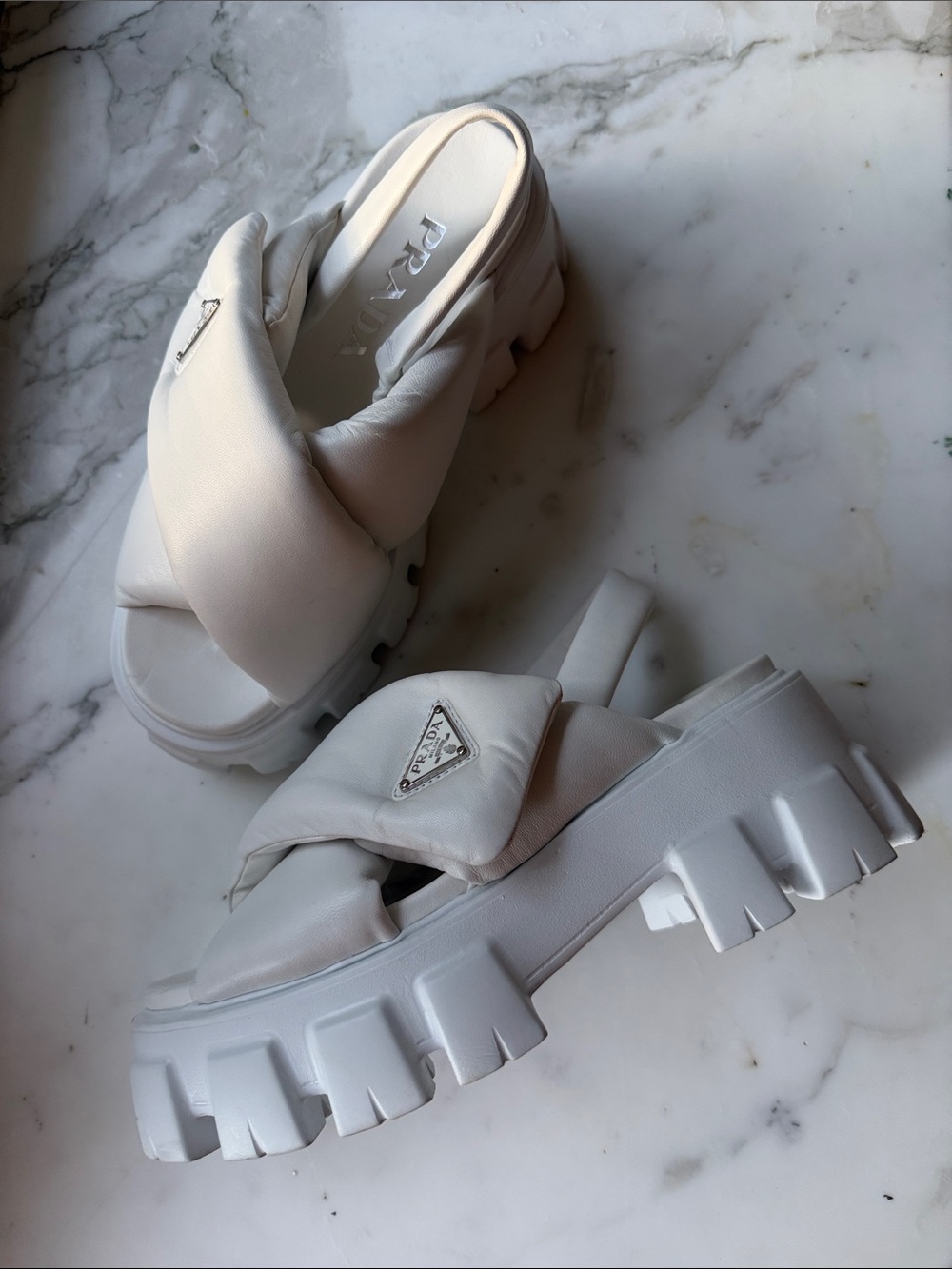 Prada White Quilted Cross-Band Lug-Sole Sandals